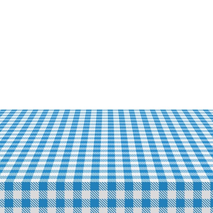 The picnic table is covered with a checkered tablecloth. White blue gingham textile. Clean surface with textile, template for ad restaurant cafe menu vector banner. Vector illustration.