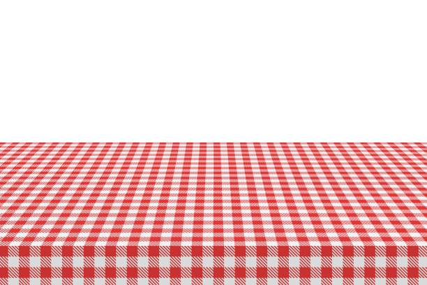 illustrations, cliparts, dessins animés et icônes de la table de pique-nique est recouverte d’une nappe à damière. textile gingham rouge blanc. surface propre avec textile, modèle pour la bannière vectorielle du menu café de l’annonce. illustration vectorielle - tartan plaid textured pattern