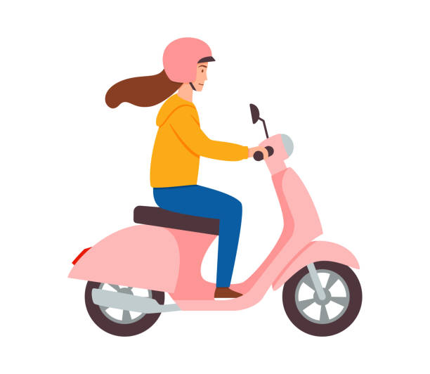 Female motorcyclist riding on pink scooter motorbike a vector illustration. Female motorcyclist riding on pink scooter motorbike. Young woman using motorcycle transport for travel and trip. Flat cartoon vector illustration isolated on white. scooter stock illustrations