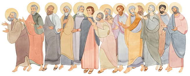 Watercolor illustration of holy people, apostles. A meeting, a course for prayer, service to God. For the design of publications, bible journals, articles