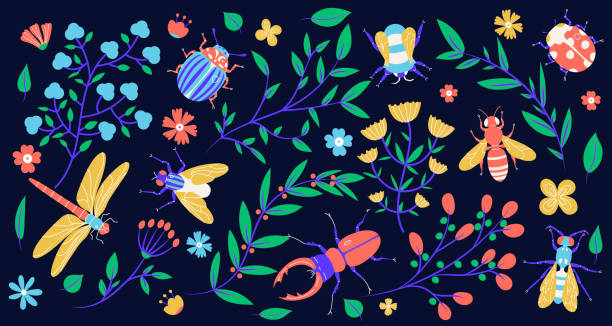 owady łąkowe i gałęzie kwiatowe modna płaska ilustracja. - bee flower meadow flying stock illustrations