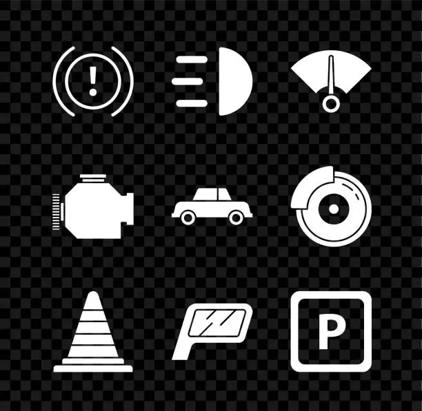 Vector illustration of Set Brake system warning, High beam, Speedometer, Traffic cone, Car mirror, Parking, Check engine and icon. Vector