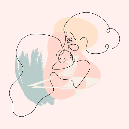Two woman faces abstract one continuous line portrait. Modern minimalist style illustration for posters, t-shirts prints, avatars, pstcard and brochure. Lovers kiss, romantic relationship concept.