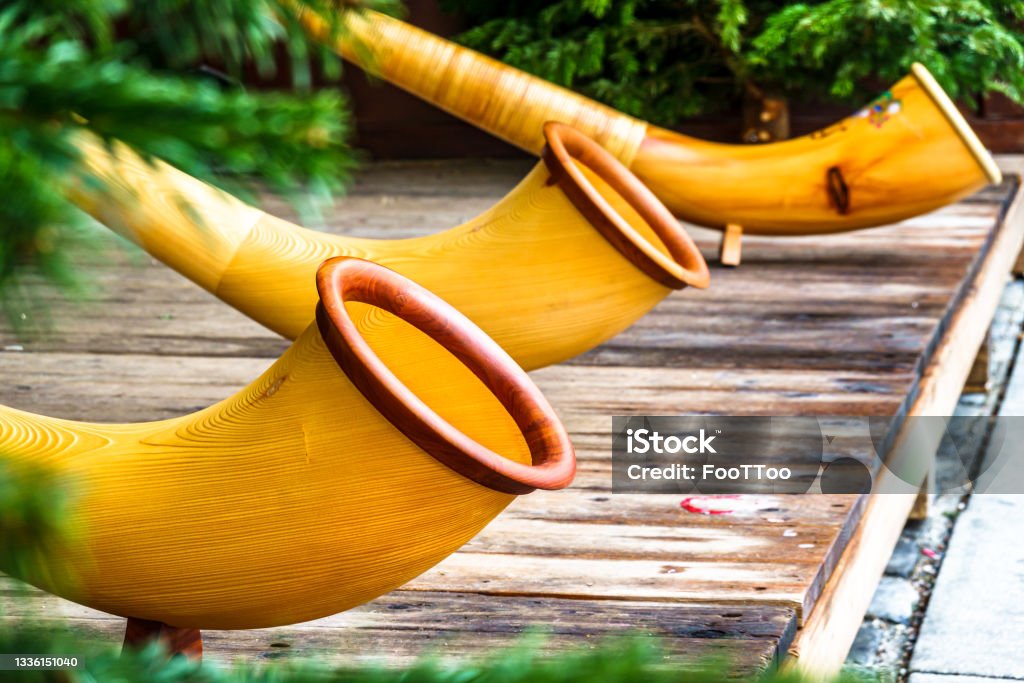 typical old alphorn instrument typical old alphorn instrument - photo Alpenhorn Stock Photo