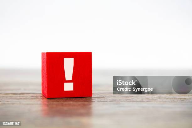 Exclamation Point On Red Block Stock Photo - Download Image Now - Alertness, Note - Message, Exclamation Point