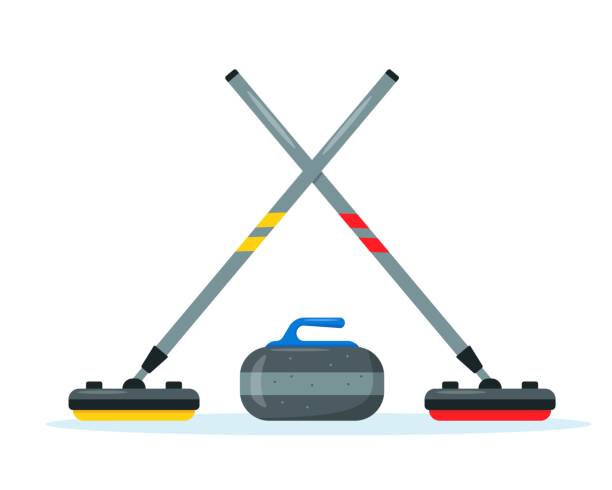 Curling brooms and stone set. Winter ice Sport equipment Curling brooms and stone set. Winter ice Sport equipment for curling game. Flat icon vector illustration. fitness tracker illustration stock illustrations