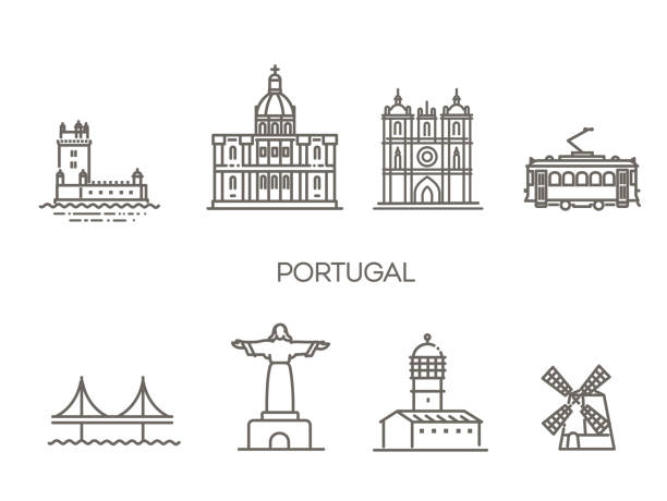 ilustrações de stock, clip art, desenhos animados e ícones de portugal, lisboa architecture line skyline illustration. linear vector cityscape with famous landmarks - lisboa