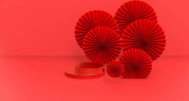 Cosmetic minimal background with red paper fans and product stand. Banner 3d render illustration. Trendy cosmetic podium.