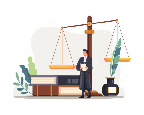 ilustrasi karakter hakim pengacara - neraca timbangan ilustrasi ilustrasi stok
