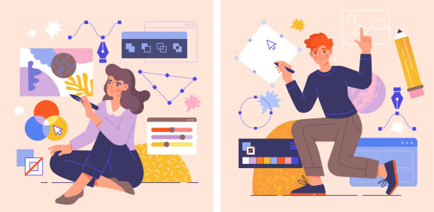Male and female illustrators are drawing abstract shapes with stylus pen Male and female illustrators are drawing abstract shapes with stylus pen. Concept of designer character freelancer or art director. Process of making illustration. Flat cartoon vector illustration designer stock illustrations