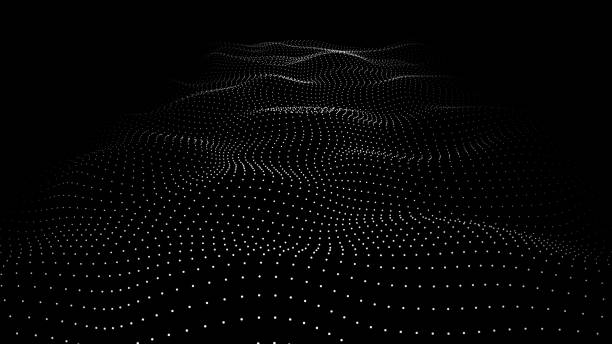 illustrations, cliparts, dessins animés et icônes de fond noir abstrait de particules en mouvement. onde 3d pointillée futuriste. big data. illustration vectorielle. - techno