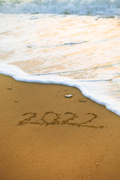 istock 2022 Happy New Year inscription sand beach. 1336157848