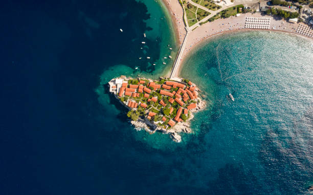 Aerial view at Sveti Stefan islet in Montenegro Aerial view at the Sveti Stefan islet in Montenegro adriatic sea stock pictures, royalty-free photos & images
