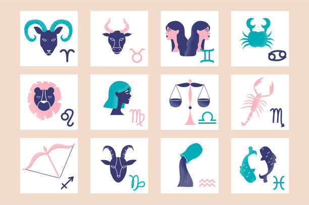 Colorful set of zodiac signs on pink background Colorful set of zodiac signs on pink background. Zodiac sign elements as a poster or wall art template. Astrology art for horoscope banners. Flat cartoon vector illustration astrology sign illustrations stock illustrations