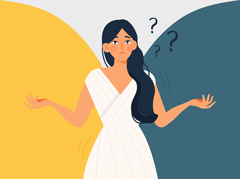 Young confused female character is standing and choosing between two colors on colorful background. Concept of choice, thinking, doubt, problem. Flat cartoon vector illustration