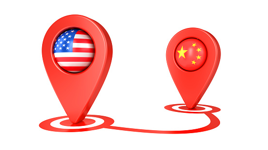 Red map pointers with flag USA and China isolated on white background. Map pin icon. GPS place marker. Navigation and travel location. Start and end trip symbol.