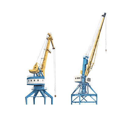 Set of industrial loading cranes for sea port isolated on white background