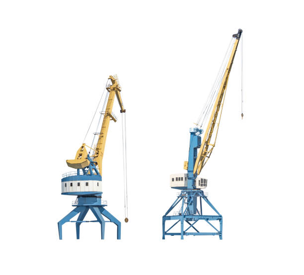 Harbor cranes isolated Set of industrial loading cranes for sea port isolated on white background tower crane stock pictures, royalty-free photos & images