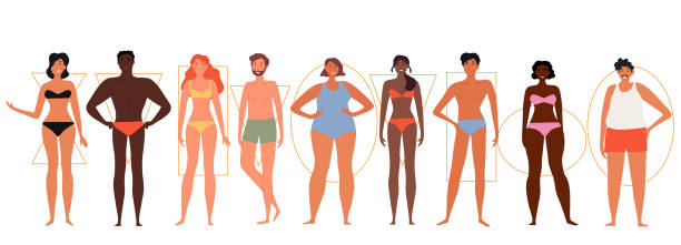 Set of male and female characters with different body shapes on white background Set of male and female characters with different body shapes on white background. Concept of human figure type. Hourglass, inverted triangle, pear, rectangle and oval. Flat cartoon vector illustration the human body stock illustrations