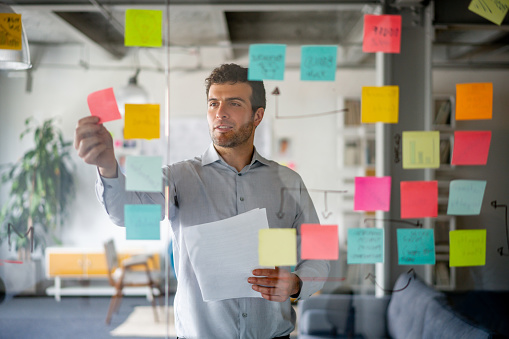 Latin American man making a business plan at the office using post-its on the board - productivity concepts