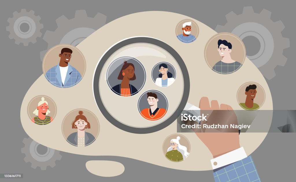 Hand holding magifier to find target audience among other people on grey background Hand holding magifier to find target audience among other people on grey background. Concept of target audience segmentation as customer group selection. Flat cartoon vector illustration People stock vector