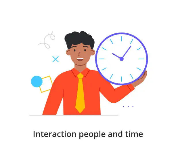 Vector illustration of Smiling male character is holding time clock in hand on white background