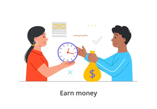 Vector illustration of Young male character is exchanging time for money on white background