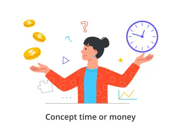 Vector illustration of Young female character is choosing between money and time on white background