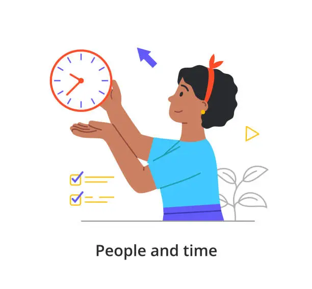 Vector illustration of Cheerful female character is lifting her clock up in the air on white background