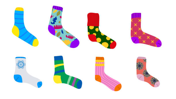 ilustraciones, imágenes clip art, dibujos animados e iconos de stock de lindo juego de diferentes calcetines con texturas, adornos, rayas. - sock wool multi colored isolated