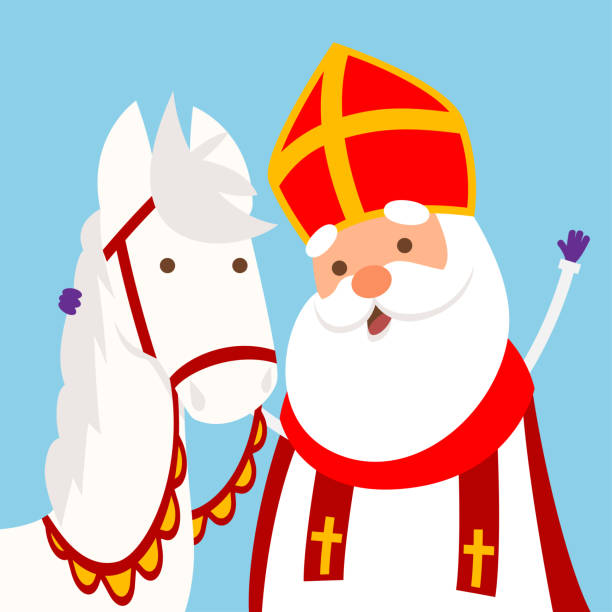 ilustraciones, imágenes clip art, dibujos animados e iconos de stock de lindo caballo y sinterklaas o san nicolás abrazando - ilustración vectorial - fotos de caballos bonitos