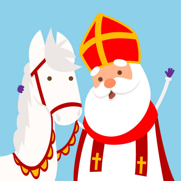 stockillustraties, clipart, cartoons en iconen met cute horse and sinterklaas or saint nicholas hugging - vector illustration - sinterklaas cadeaus