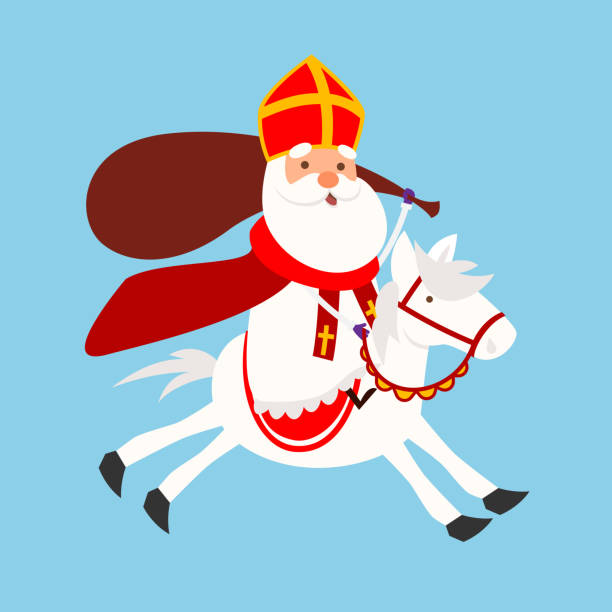 stockillustraties, clipart, cartoons en iconen met cute sinterklaas or saint nicholas jumping with his horse - vector illustration - sinterklaas cadeaus