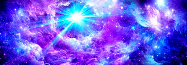 istock Cosmic purple background with bright stars and nebulae 1336165450