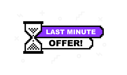 Last minute offer text expression with hourglass and geometric elements on advertising backdrop. Banners template design for business, promotion and sale. Vector illustration.
