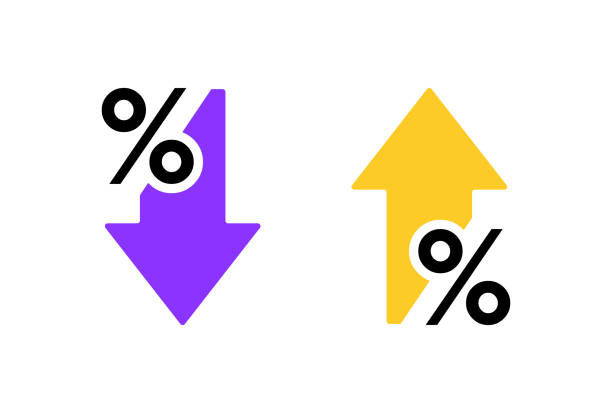 Percentage arrow up and down line icon. Percentage arrow with percent sign. Design concept for banking, credit, interest rate, finance and money sphere Percentage arrow up and down line icon. Percentage arrow with percent sign. Design concept for banking, credit, interest rate, finance and money sphere. growth icons stock illustrations