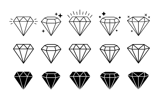 Set different shapes gemstones. Diamond line art design elements. Vector illustration.