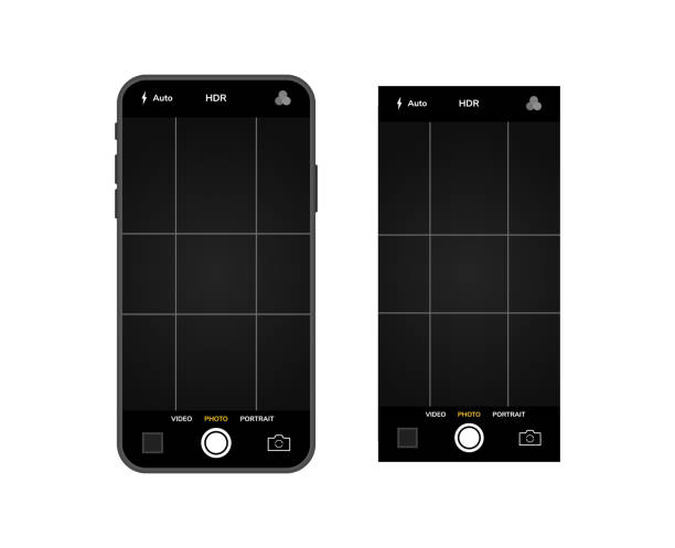 mobiltelefon mit kameraschnittstelle. mobile app-anwendung. foto- und videobildschirm. vektor-illustration grafikdesign - computer software flash stock-grafiken, -clipart, -cartoons und -symbole