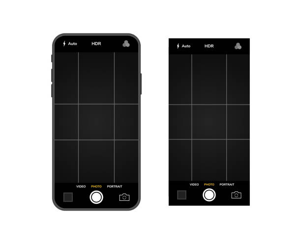 카메라 인터페이스가있는 휴대 전화. 모바일 앱 응용 프로그램. 사진 및 비디오 화면. 벡터 일러스트 그래픽 디자인 - 사진 메시지 stock illustrations