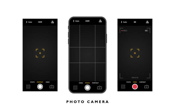 mobiltelefon mit kameraschnittstelle. mobile app-anwendung. foto- und videobildschirm. vektor-illustration grafikdesign - looking at view flash stock-grafiken, -clipart, -cartoons und -symbole