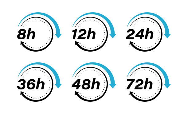 Collection 8, 12, 24, 36, 48 and 72 hours clock arrow vector icons. Design for delivery service, order, business, Vector illustration Collection 8, 12, 24, 36, 48 and 72 hours clock arrow vector icons. Design for delivery service, order, business, Vector illustration. Number 36 stock illustrations