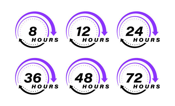 Collection 8, 12, 24, 36, 48 and 72 hours clock arrow vector icons. Design for delivery service, order, business, Vector illustration Collection 8, 12, 24, 36, 48 and 72 hours clock arrow vector icons. Design for delivery service, order, business, Vector illustration. number 36 stock illustrations