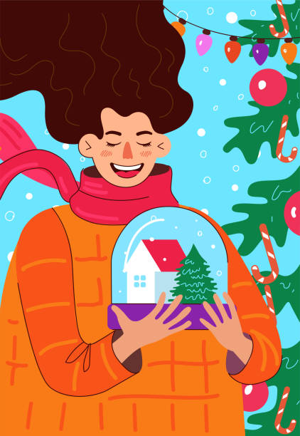 ilustrações, clipart, desenhos animados e ícones de mulher rindo segurando globo de neve com casa e árvore de natal dentro. feliz natal e feliz ano novo desenhado à mão. carta de saudação de véspera de celebração. ilustração vetorial - placard holding celebration women