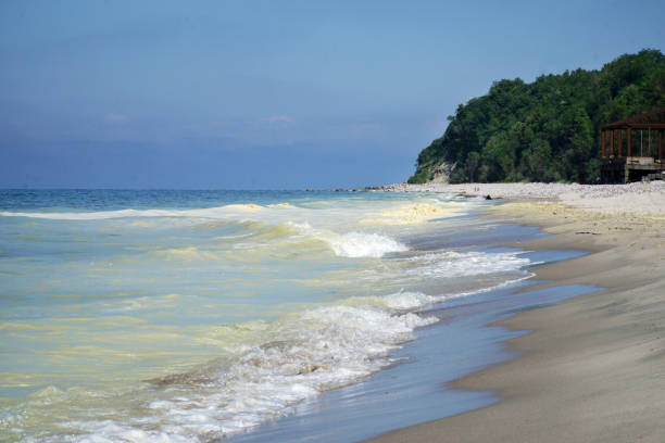 istock Beautiful beach with sea waves splash on the beach 1336166740
