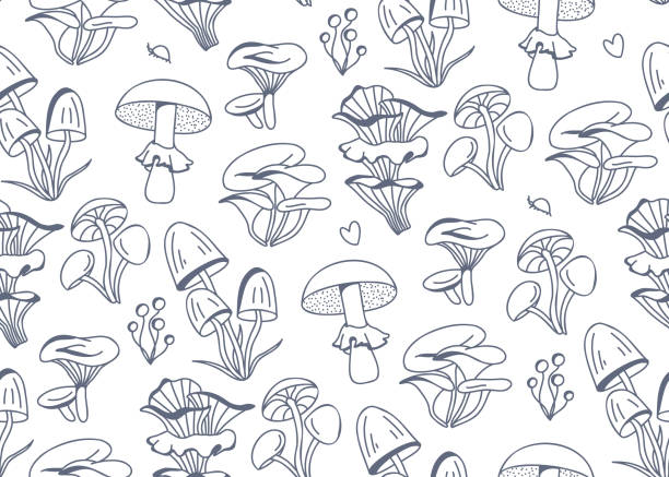 Hand-drawn vector lineart seamless doodle-style pattern with mushrooms in grey on a white background Hand-drawn vector lineart seamless doodle-style pattern with mushrooms in grey on a white background. Illustration in retro and cottage-core style with plants of the autumn forest. cottagecore stock illustrations