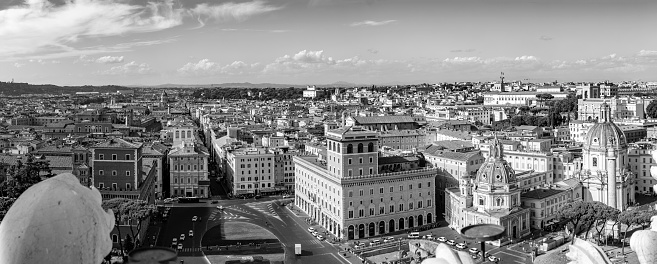 Rome, Italy - August 5, 2021: panoramic view from Victor Emmanuel II National Monument to the skyline of Rome.
