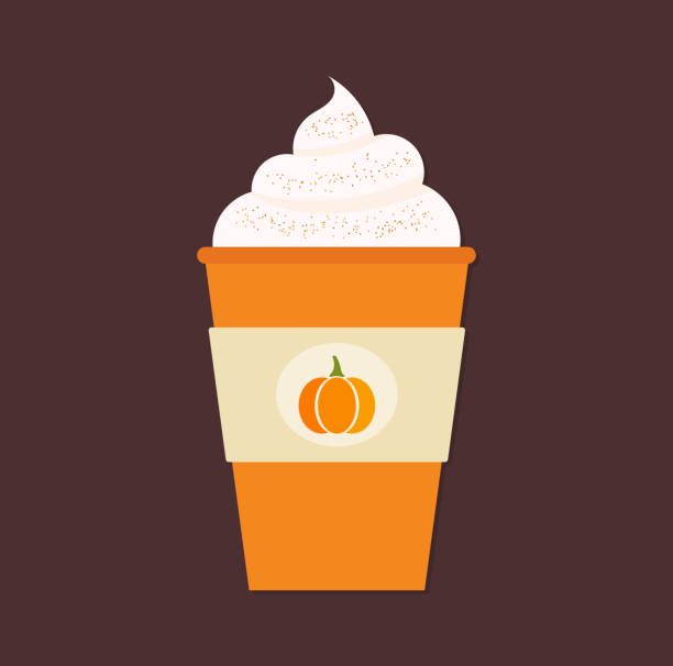 illustrations, cliparts, dessins animés et icônes de latte aux épices à la citrouille, café d’automne dans une tasse en papier orange. - aliment battu