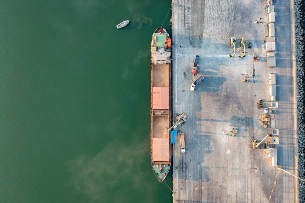 istock Aerial view of a large cargo ship unloading grain. 1336171591