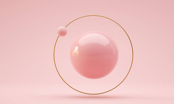Floating ball with golden ring and orbital sphere. Pink color. 3d render