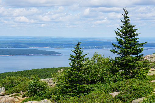 View out over the Atlantic ocean from the summit of Cadillac Mountain, Bar Harbor Maine, USA.